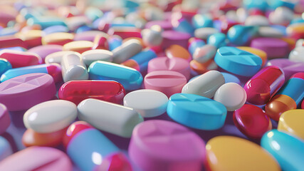 Medication pills and capsules spread out in abundance