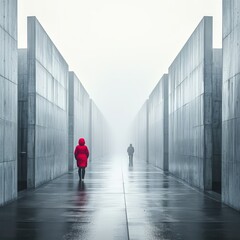 Misty Modernity: Person in Red Navigating Concrete Maze