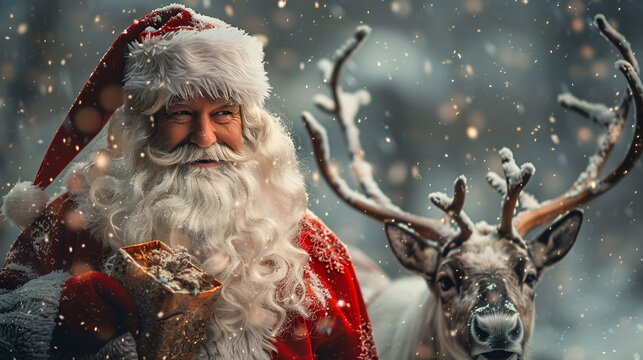 Babbo Natale e Renna Sfondo Santa Claus and Reindeer, generative ai