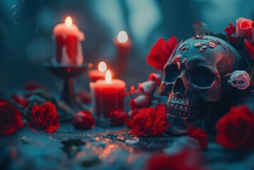burning red candles, red roses and decorative skull sculpture.  - obrazy, fototapety, plakaty