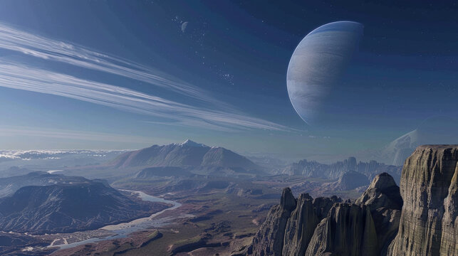 Artists detailed illustration of a large planet vividly displayed against the sky, showcasing its unique features and colors