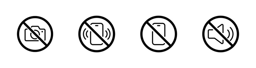 No record, mute, camera, vector icons. No phone, photo, or sound recording forbidden vector icons.