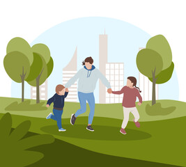 Mom and kids holding hands and running in park near the city. Flat design vector illustration. Family is having fun.