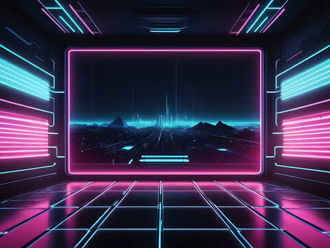 Scifi and cyber vintage neon frame wallpaper equalizer effect science fiction background. ai
