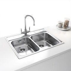 A kitchen sink sits on a countertop next to a wall