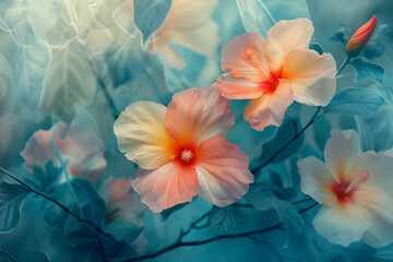 Fototapeta na wymiar Beautiful orange flowers on a soft blue background.