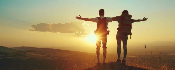 A young man and a young woman stand on top of a hill with arms outstretched at sunset. - Powered by Adobe