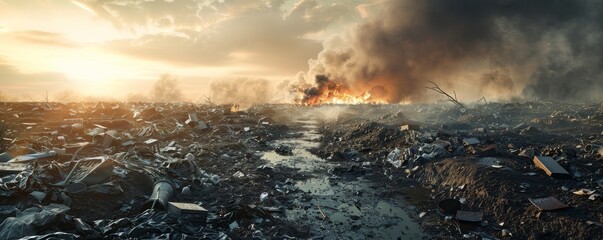 Polluted Earth, smoke in the background, garbage on the ground.