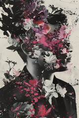 A stylistic representation of a human figure merged with floral elements in a monochrome and pink palette