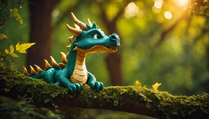 A charming digital rendering of a blue dragon figurine perched playfully on a forest branch, with sunlight filtering through the foliage. - obrazy, fototapety, plakaty