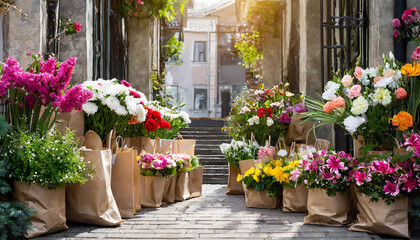 Fototapeta na wymiar a lot of fresh flowers in craft and plastic bags are at the entrance 