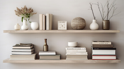 Shelf with books and decorative elements in Scandinavian style. - obrazy, fototapety, plakaty