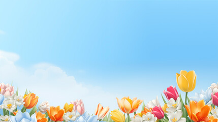 Flower background with copy space over spring bloom and cloud-kissed sky