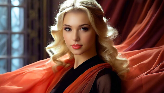 This blonde ancient Greek princess in red in luxurious red sheets