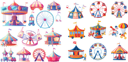 Carnival kids carousel, ferris wheel attraction and amusing fairground entertainments - obrazy, fototapety, plakaty