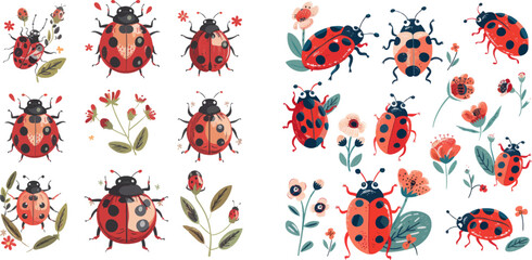 Funny lady bugs, flower buds and foliage pack. Dotted flying beetle stickers collection - obrazy, fototapety, plakaty