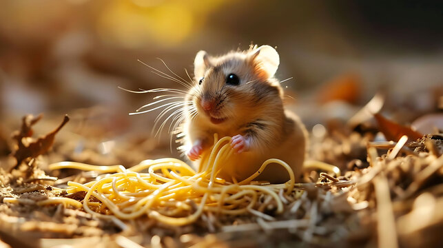 Side-splitting image of a hamster engaged in a miniature wrestling match with a piece of spaghetti