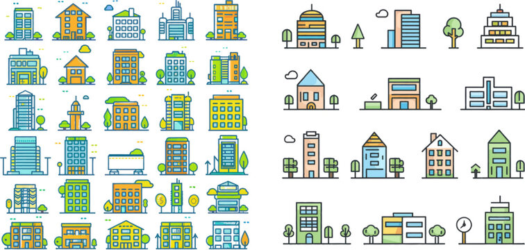 Green town icon, city buildings and real estate symbols vector set