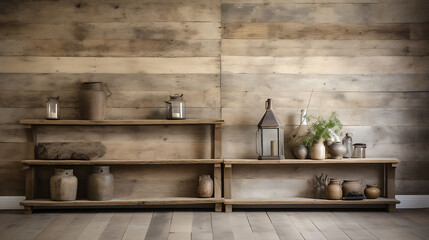Showcasing the character and history of reclaimed wood in various home accents. In the spirit of hygge. Copy space.