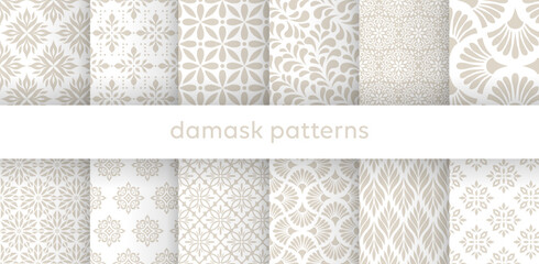 Set of vector elegant damask patterns. Vintage royal patterns with a label. Seamless vector patterns. - 767836742