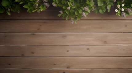 Lush greenery over wooden slats background with copy space above