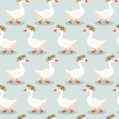 Pattern cute goose in a wreath of flowers, sunflower, flowers, in kawaii style, vector illustration