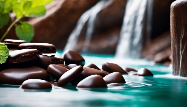 Artful arrangement of chocolate cookies and pieces on a water surface with a waterfall backdrop, perfect for confectionery themes