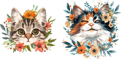 Flower crown stickers of cat
