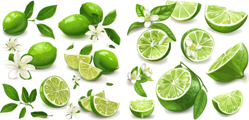 Fototapeta na wymiar Limes slices, green citrus fruit with leaves