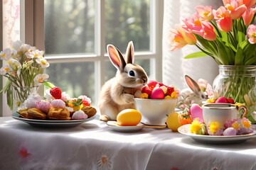 Ostern Tisch Dekoration süßen Hasen und bunten Blumen und Ostereiern, Kuchen und Getränke - 767837148