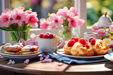 Ostern Tisch Dekoration süßen Hasen und bunten Blumen und Ostereiern, Kuchen und Getränke - 767837154