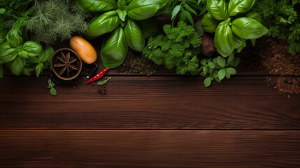 Background with copy space on dark wood, herbs, and spices layout