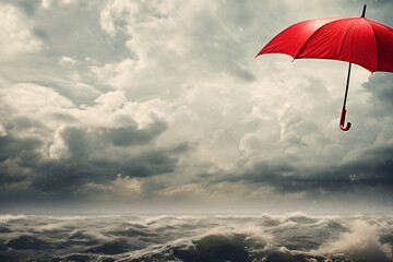 Regenschirm im Sturm bunt und rot mit Wolken und Regen - 767837303