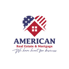 American real estate and mortgage logo design. Modern logo with American flag and heart.