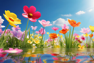 Frühlingswiese mit See, Blumen und Gräsern im Sommer - 767837371