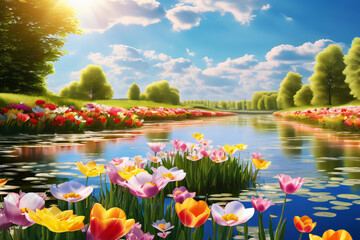 Frühlingswiese mit See, Blumen und Gräsern im Sommer - 767837372