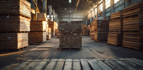Stacked wooden pallets in warehouse with sunlight shining through windows of building