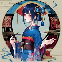ragazza giapponese con kimono - obrazy, fototapety, plakaty
