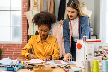 Collaboration and creativity in fashion design of teamwork, three diverse and talented designer collaborating on fabric swatches and design choices, creative studio, textile industry, fabric selection