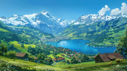 Fototapeta na wymiar A picturesque view of the Swiss Alps, with snowcapped peaks and lush green meadows