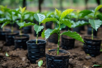 Young coffee plants in a nursery, with a focus on the delicate leaves and growth stages.