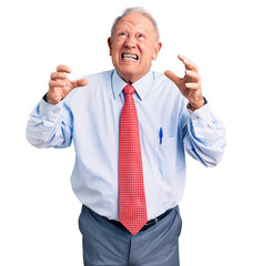 Senior handsome grey-haired man wearing elegant tie and shirt crazy and mad shouting and yelling with aggressive expression and arms raised. frustration concept.