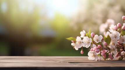 Rustic wooden table background with copy space and soft white blossoms