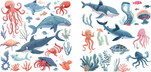 Funny shark and dolphin. Ocean crab, sea turtle and shrimp vector illustration set