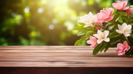 Fototapeten Warm wooden background with copy space and vibrant pink azaleas © Artem81