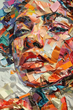 Charming womans face intricately created using colorful pieces of paper, showcasing a unique and artistic design