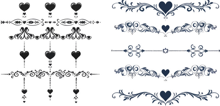Elegant ornate heart page divider isolated vector symbols set
