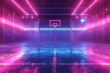 A futuristic depiction of an empty basketball court illuminated by vibrant neon lights, pulsating with energy and casting a dynamic glow over the entire scene , low noise - obrazy, fototapety, plakaty