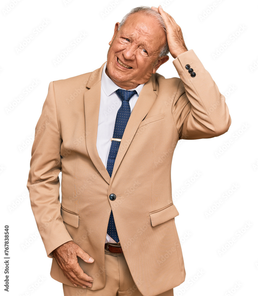 Canvas Prints Senior caucasian man wearing business suit and tie confuse and wonder about question. uncertain with doubt, thinking with hand on head. pensive concept.