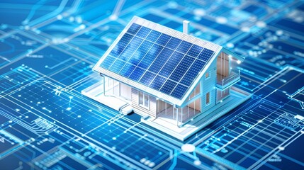 Blue print of smart home with solar panels rooftop system for renewable energy concepts as wide banner with copy space area.  Solar panels on a house roof capture sunlight to generate clean electricit